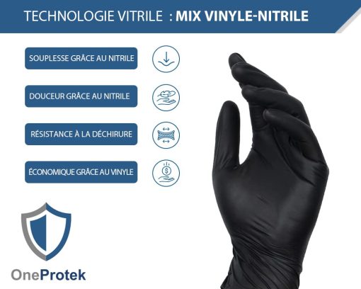 gants en nitrile OneProtek, une solution innovante offrant la combinaison parfaite de confort, de durabilité et de polyvalence. Ces gants jetables sont fabriqués à partir d'un matériau hybride de nitrile et de vinyle, offrant les avantages recherchés du nitrile tout en conservant l'aspect économique du vinyle. Boîte de 100 Gants en Nitrile 5 tailles : XS/S/M/L/XL