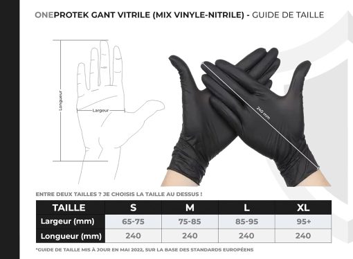 gants en nitrile OneProtek, une solution innovante offrant la combinaison parfaite de confort, de durabilité et de polyvalence. Ces gants jetables sont fabriqués à partir d'un matériau hybride de nitrile et de vinyle, offrant les avantages recherchés du nitrile tout en conservant l'aspect économique du vinyle. Boîte de 100 Gants en Nitrile 5 tailles : XS/S/M/L/XL