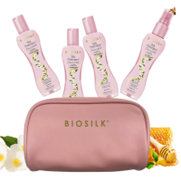 Irresistible Travel Kit de BioSilk. Ce kit de voyage comprend tout ce dont vous avez besoin pour prendre soin de vos cheveux où que vous alliez, le tout présenté dans une élégante trousse rose.