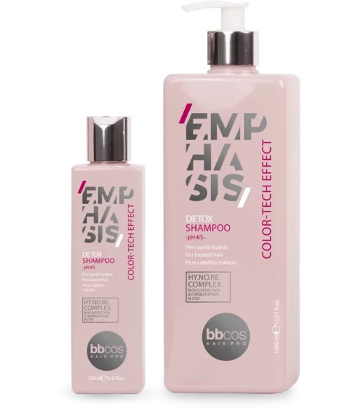 Color-tech Shampoo - Emphasis, appelé également Detox Shampoo est le shampooing révolutionnaire spécialement conçu pour répondre aux besoins des cheveux colorés, décolorés et soumis à des traitements techniques.