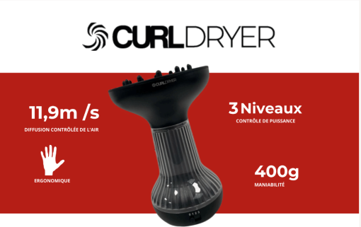 CURL DRYER - Séchoir diffuseur avec contrôle de puissance : 3 niveaux de puissance, idéal pour obtenir des boucles et des ondulations parfaitement définies, tout en soignant et protégeant vos cheveux.