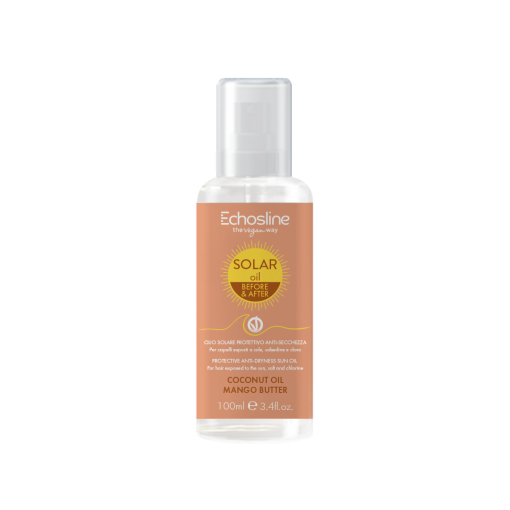 SOLAR MASK – Masque Nourrissant Après-Soleil (300 ml) Soin réparateur intensif qui restaure l’hydratation et la souplesse des cheveux desséchés par l’exposition solaire. Enrichi en beurre de mangue et huile de coco. Parfum floral sucré. **Utilisation :** Appliquer sur cheveux lavés, laisser poser 5 minutes, puis rincer.