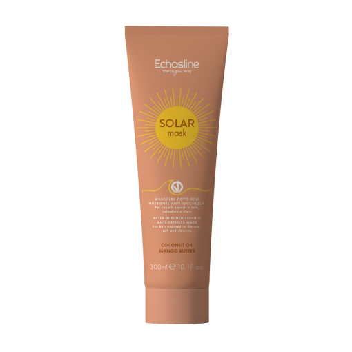SOLAR MASK – Masque Nourrissant Après-Soleil (300 ml) Soin réparateur intensif qui restaure l’hydratation et la souplesse des cheveux desséchés par l’exposition solaire. Enrichi en beurre de mangue et huile de coco. Parfum floral sucré. **Utilisation :** Appliquer sur cheveux lavés, laisser poser 5 minutes, puis rincer.