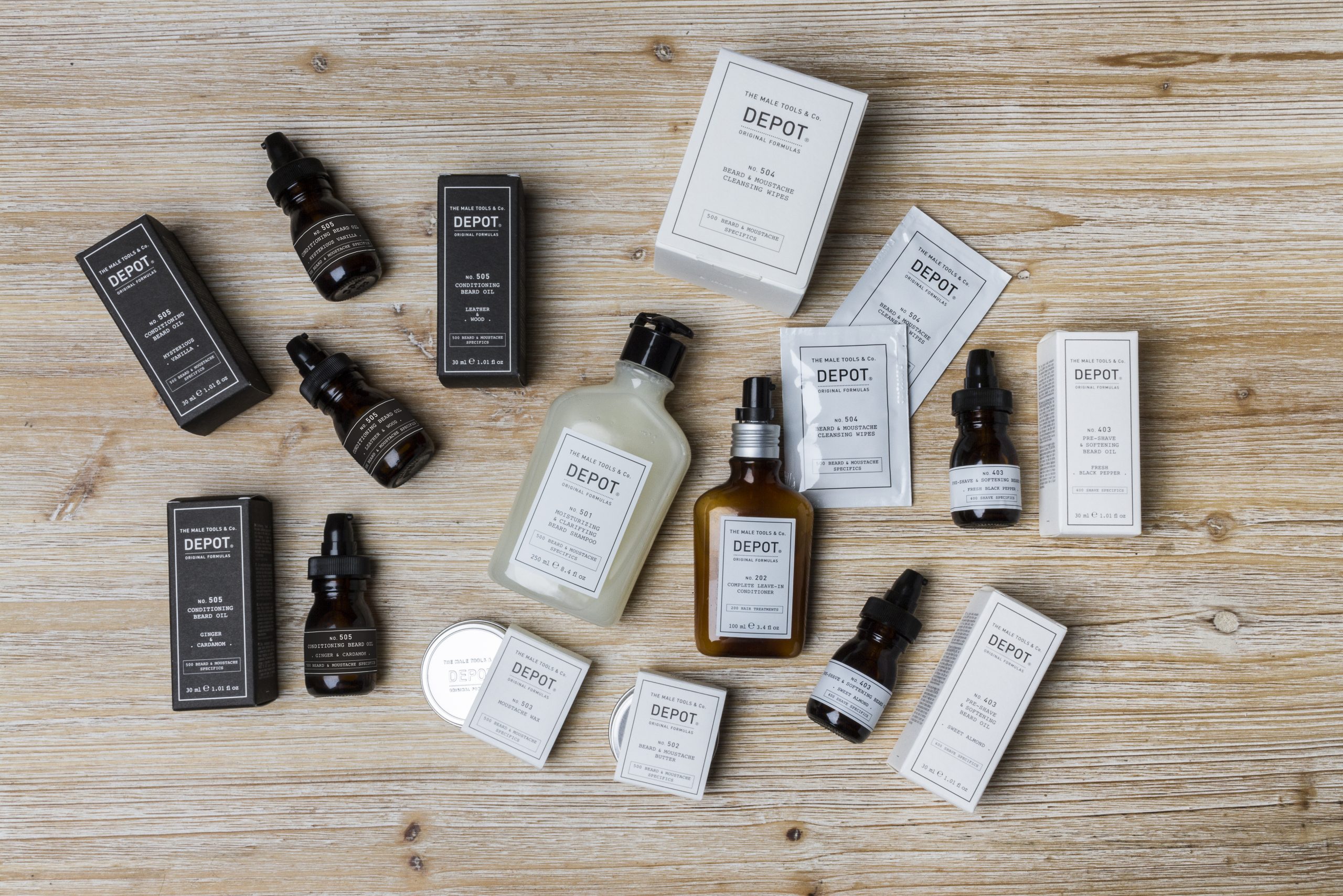 No. 501 : Shampooing barbe No. 502 : Cire barbe et moustache No. 503 : Wax moustache No. 504 : Lingettes jetables désinfectantes pour barbe et moustache No. 505 : Huile nourrissante pour barbe