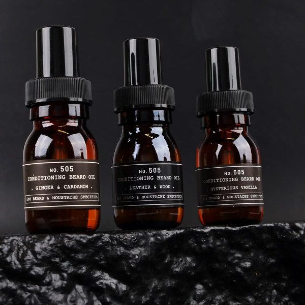 No. 505 - Huile nourrissante barbe de 30ML. 3 parfums s'offrent à vous : GINGEMBRE & CARDAMOME VANILLE MYSTÉRIEUSE CUIR & BOIS Nourrit